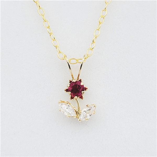 Yellow Gold Natural Ruby & Cubic Zirconia Floral Pendant