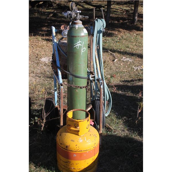 2x Propane Tanks; Oxy Tank w/ Cart Hoses Uniweld Torch