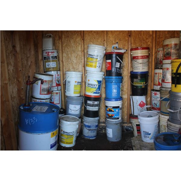 Large Quantity & Assortment of Pails of Oils; Brake Cleaner, etc; Jerry Cans complete with building