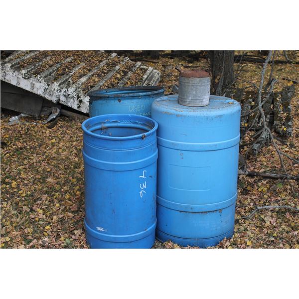 3x Plastic Barrels; Antique Metal Gas Can