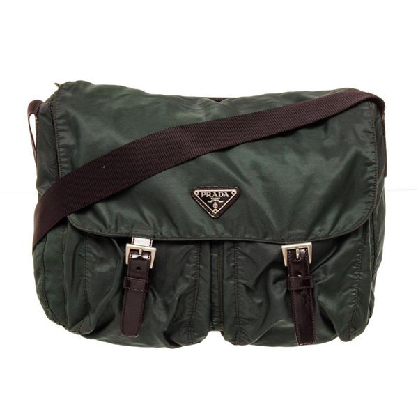 Prada Green Canvas Messenger Shoulder Bag