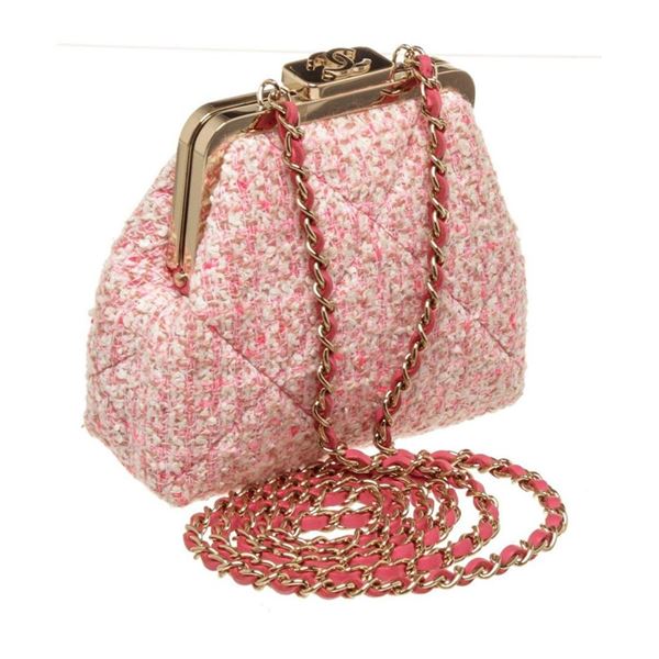 Chanel Pink Tweed Small Chain Kiss Shoulder Bag