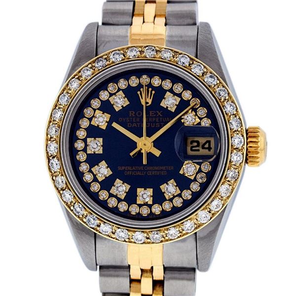 Rolex Ladies 2 Tone Quickset 18K Blue String Diamond Datejust Wristwatch