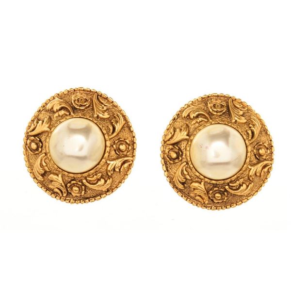 Chanel Gold Pearl Disc Earrings