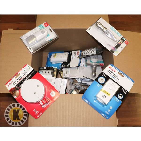 BOX OF NIGHT LIGHTS, SMOKE DETECTORS & BULBS