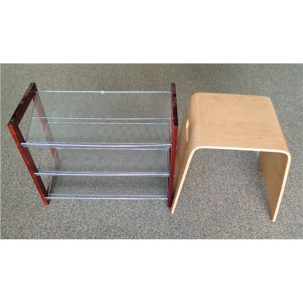 Wood & Metal 3 Tier Shoe Rack & Wood Stool w/ Handles