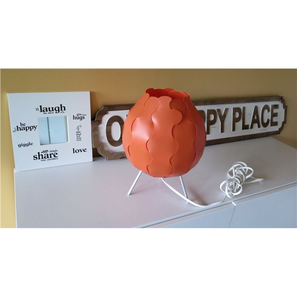 Round Orange Electric Lamp, Positive Sayings Photo Frame & Happy Place Sign