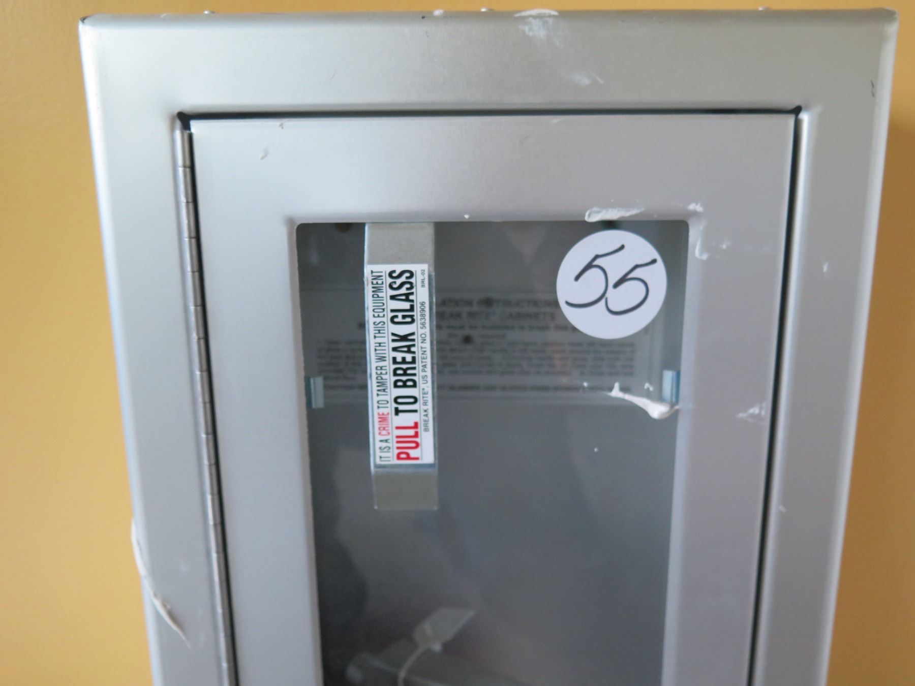 Fire Extinguisher in Locked Break Rite Gray Metal & Glass Wall Mount ...