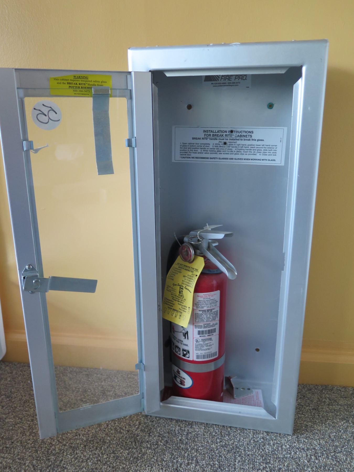 Fire Extinguisher in Locked Break Rite Gray Metal & Glass Wall Mount ...