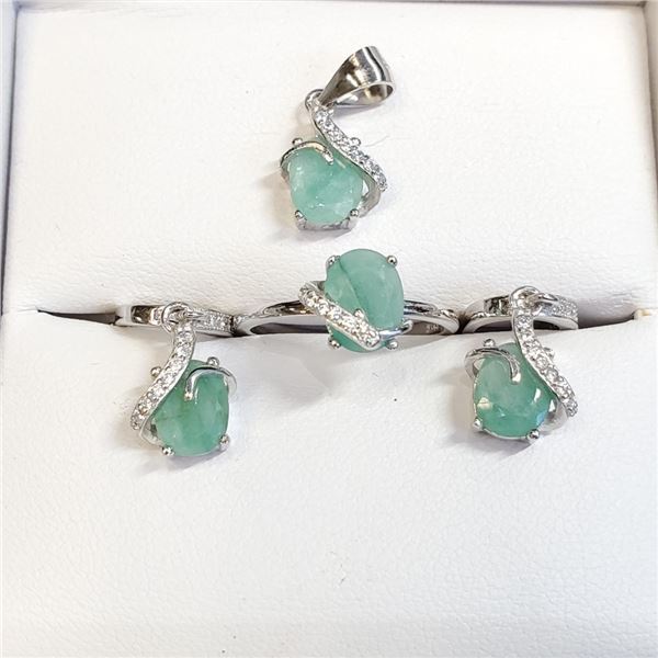 Silver Emerald(6.4ct) Ring, Pendant, Earring Set (~weight 6.56g), Suggested Retail Value $400