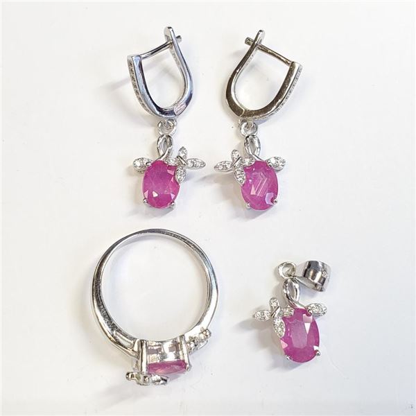Silver Ruby(6.4ct) Ring, Pendant, Earring Set (~weight 7.96g), Suggested Retail Value $480