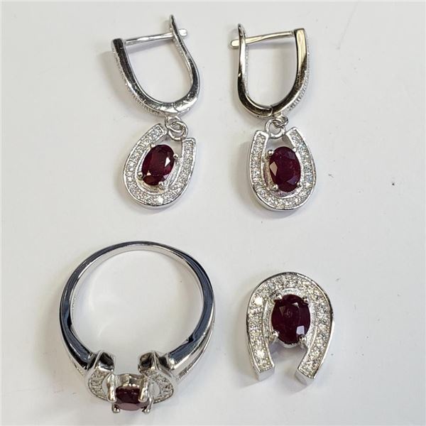 Silver Ruby(2.5ct) Ring, Pendant, Earring Set (~weight 9.03g), Suggested Retail Value $550