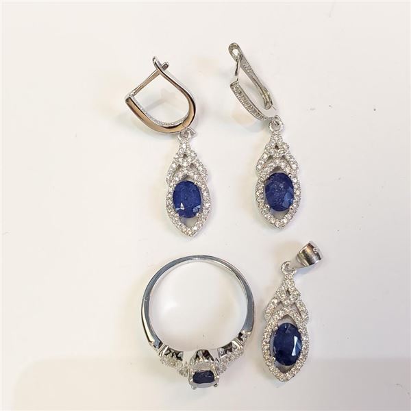 Silver Sapphire(4ct) Ring, Pendant, Earring Set (~weight 10.04g), Suggested Retail Value $610