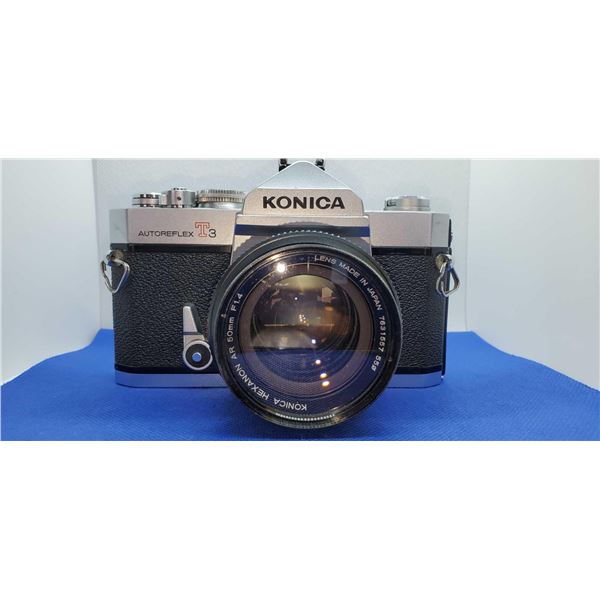 Konica Autoreflex T3 35mm camera with Hexanon AR 50mm F1.4 lens