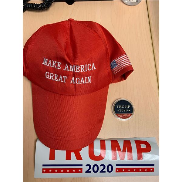 TRUMP- Make America Great Again Hat, Bumper Sticker and collector cased medallion