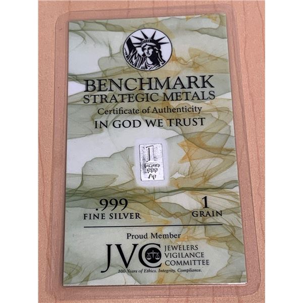 Benchmark .999 Fine Silver 1 Grain Wafer Bar with certificate