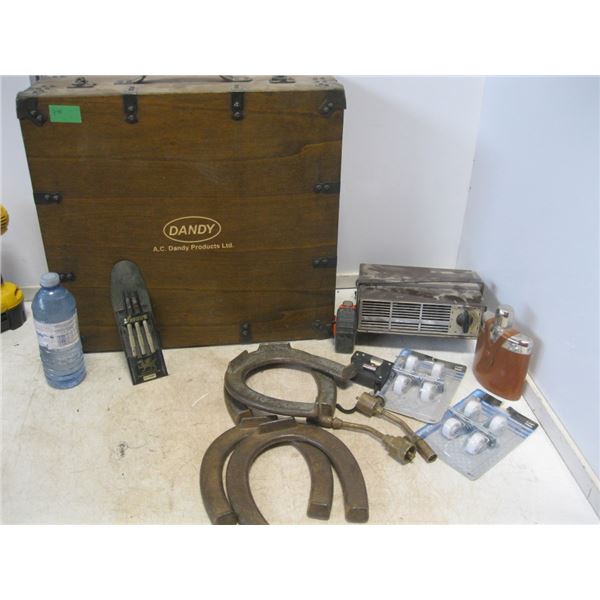 Misc lot Horsehoes/darts/wooden box etc