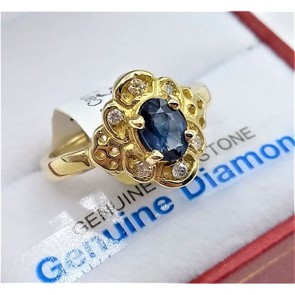 10KT. YELLOW GOLD 6MM X 4MM GENUINE BLUE SAPPHIRE (0.58CTS) & DIAMOND (0.06CTS) RING