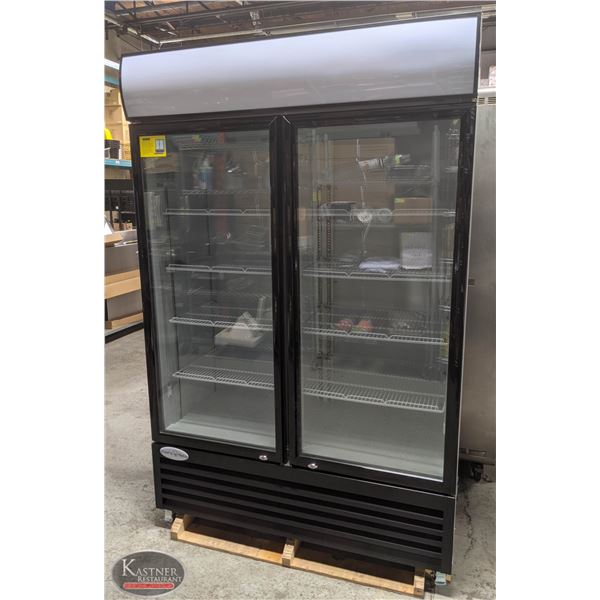 NEW 1075L UPRIGHT HINGED DOUBLE GLASS DOOR COOLER