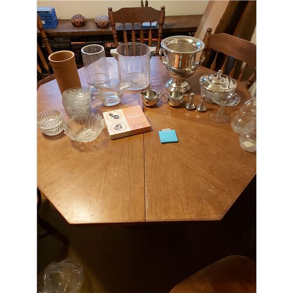 Asst glassware, pewter and silver plate items, wine coolers, ice buckets, gravy boats, salt and pepp