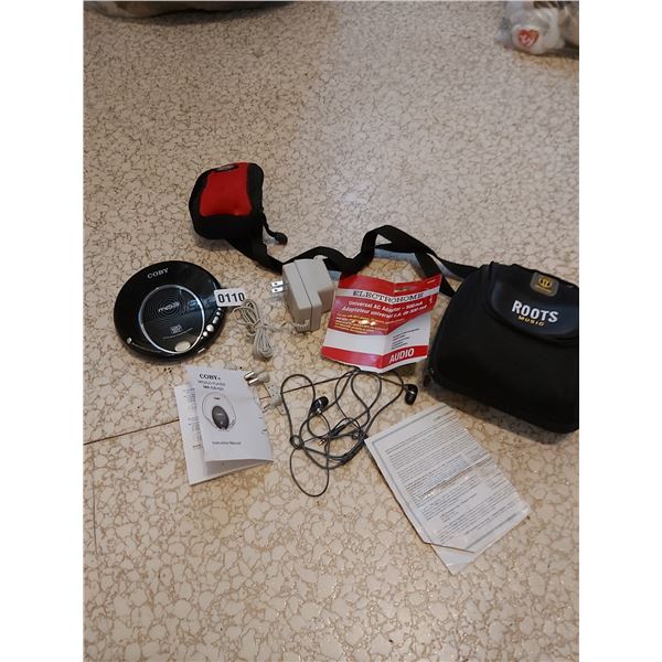 Coby MP 3/CD player (model MP-CD-521) with Electrohome universal AC adapter and bags