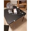 Image 1 : Card table (33.25" sq, 27.5" H), Windmere 9" oscillating fan, Sunbeam heating pad, 2 clip-on lights