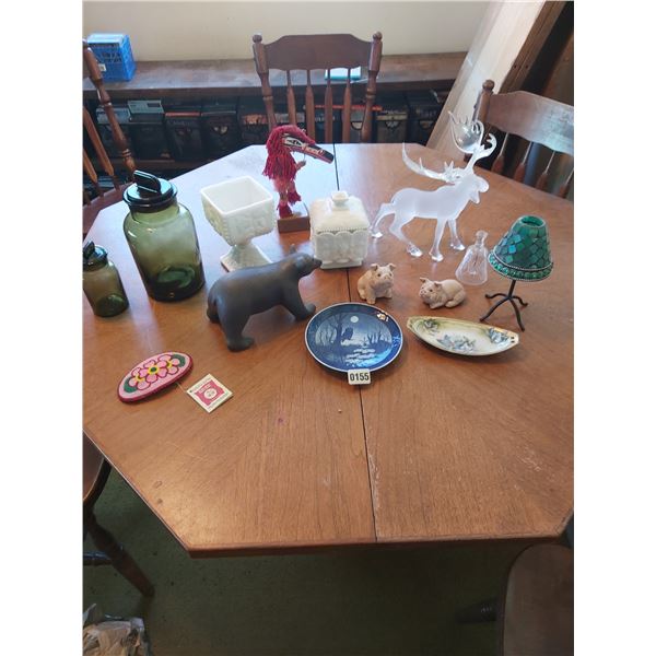 Asst home décor, milk glass, green jars, moose, bear, etc.