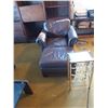 Image 1 : Brown leather and wood armchair with ottoman. 9 bottle wire rack. Chair (38" W, 35" D, 31" H)