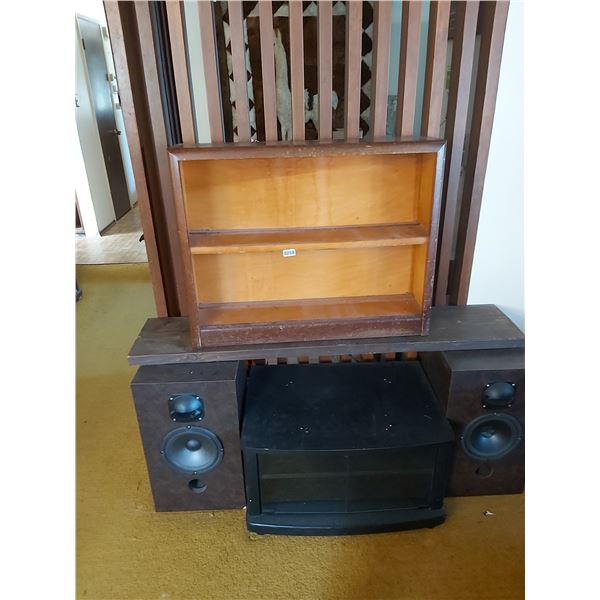 Wooden bookshelf, TV stand, 2 speakers, bookshelf (32" W, 8" D, 25.5" H), TV stand (27" W, 19" D, 15