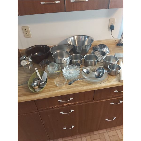 Asst stainless bowls, thermometers, dishes, paper towel holder, meat tenderizer, large pot