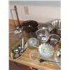 Image 2 : Asst stainless bowls, thermometers, dishes, paper towel holder, meat tenderizer, large pot