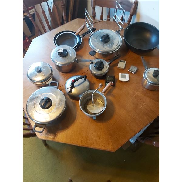 Asst pots and pans, timers, kettle, hand masher, wire rack