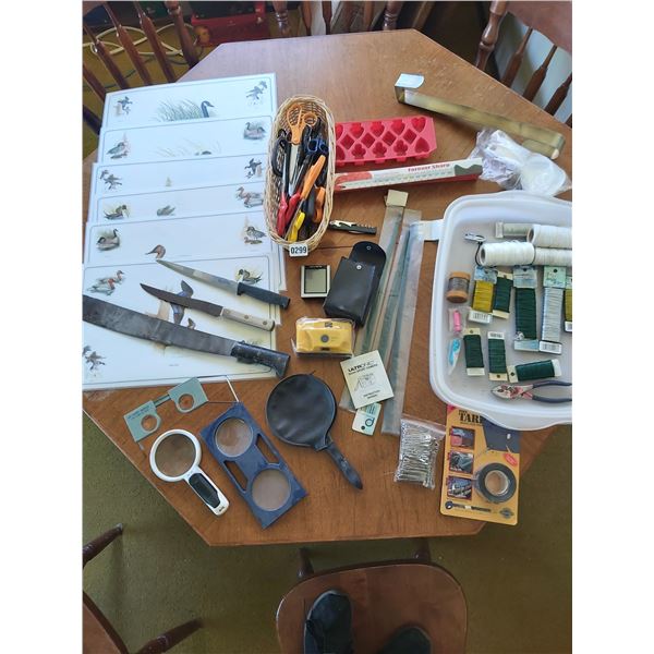Asst floral wire, 5 placemats, machete and knives, magnifiers, Ultronic 35 mm sports camera