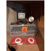 Image 1 : Animal crate (25" L, 14.5" W, 12" H). Outdoor work light, 2 Canada plastic ponchos. Flashlight with 