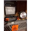 Image 2 : Animal crate (25" L, 14.5" W, 12" H). Outdoor work light, 2 Canada plastic ponchos. Flashlight with 