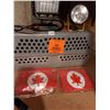 Image 3 : Animal crate (25" L, 14.5" W, 12" H). Outdoor work light, 2 Canada plastic ponchos. Flashlight with 