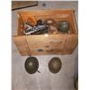Image 1 : Wooden toy chest with army toys, including 2 World War 2 helmets (35" W, 18" D, 15" H)