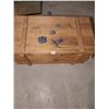 Image 4 : Wooden toy chest with army toys, including 2 World War 2 helmets (35" W, 18" D, 15" H)