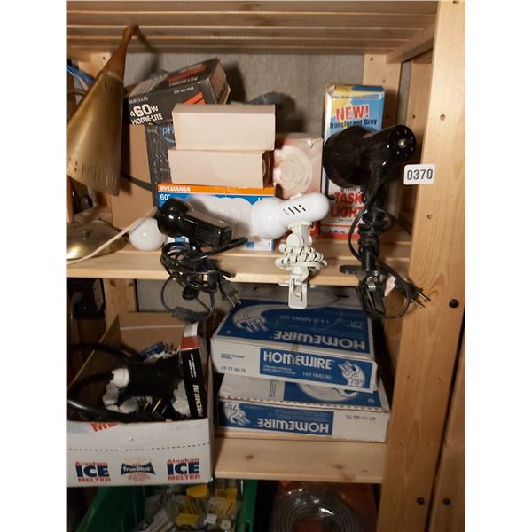 Ice packs, asst lights and bulbs, pop up hampers, 2 boxes homewire, electrical sockets, asst tools a