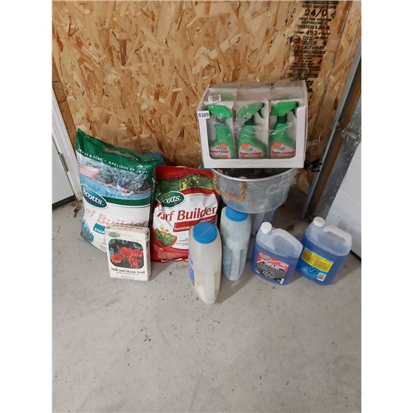 Asst window washer, ice melt, turf builder, flower food, fungus-knat insect spray, metal bucket