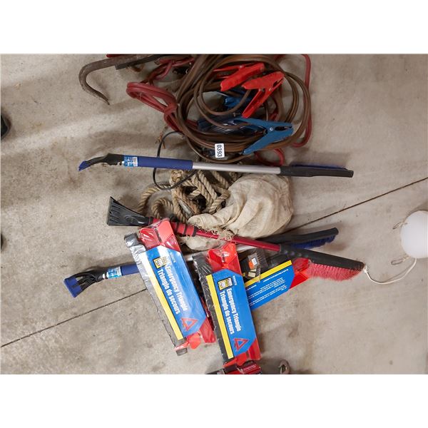 Emergency triangles, snowbrushes, booster cables, rope and chain