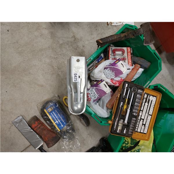 Chainsaw, hammers, C-clamps, socket set, trailer coupler, ax, asst tools