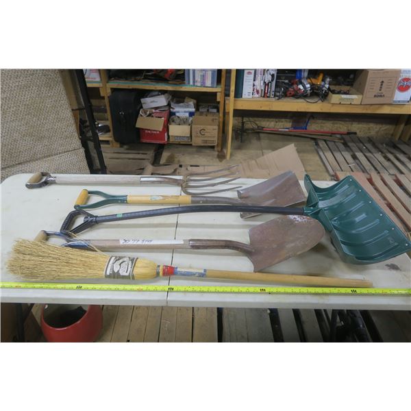 Lot of Shovels, Fork, and Broom
