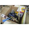 Image 1 : Box of Misc. Tools Including Levels, Rulers, Drill Press Vice & Much More