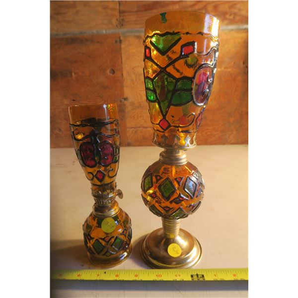 2 Stained Glass Style Coal Oil Lamps