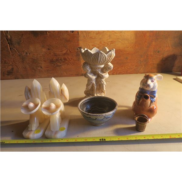 Various Ceramic Pieces & Carved Stone Book Ends