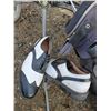 Image 1 : leather golf shoes (12) like new, cart, bag, 2 woods, 2 irons