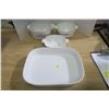 Corning ware 3 Oven Dishes, and 1 French White Dish.  2 Lids, 1 Has Chipped Handle