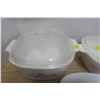 Image 7 : Corning ware 3 Oven Dishes, and 1 French White Dish.  2 Lids, 1 Has Chipped Handle