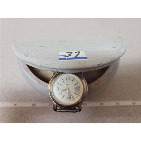 Grey 1/2 moon keepsake box with a artron self winding men's wristwatch